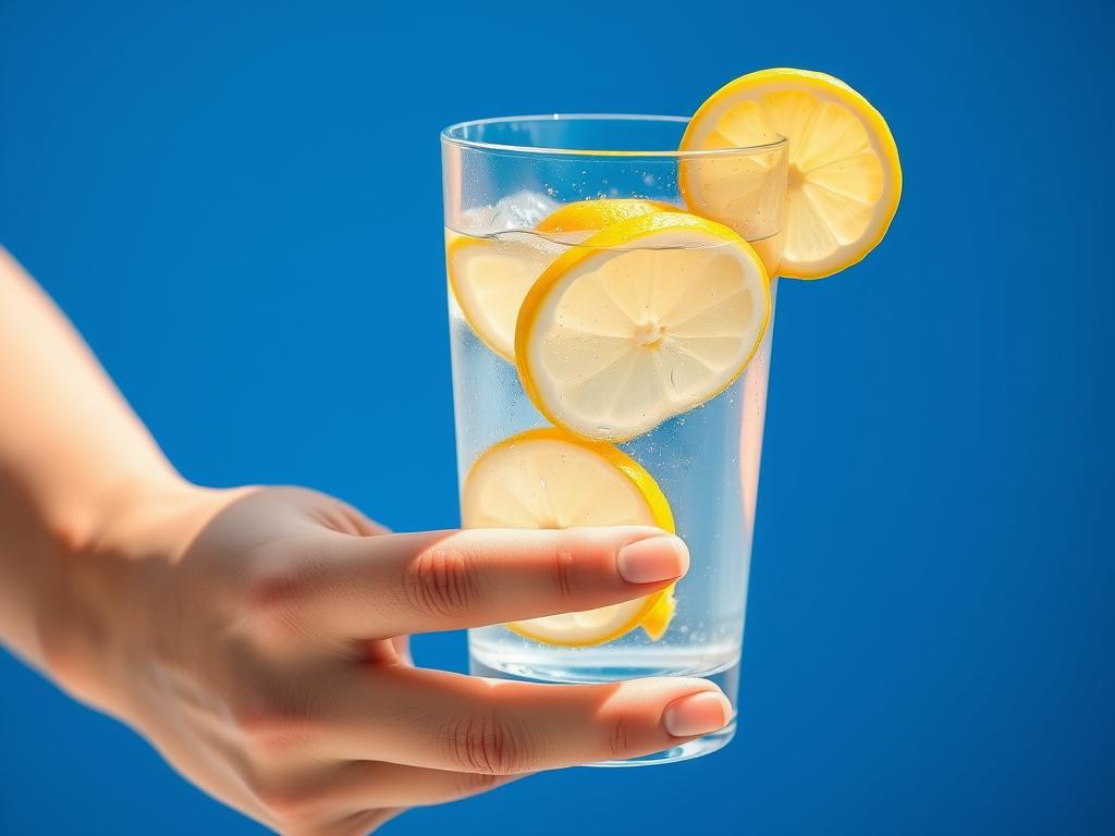 Person drinking water from a glass with lemon slices Person drinking water from a glass with lemon slices