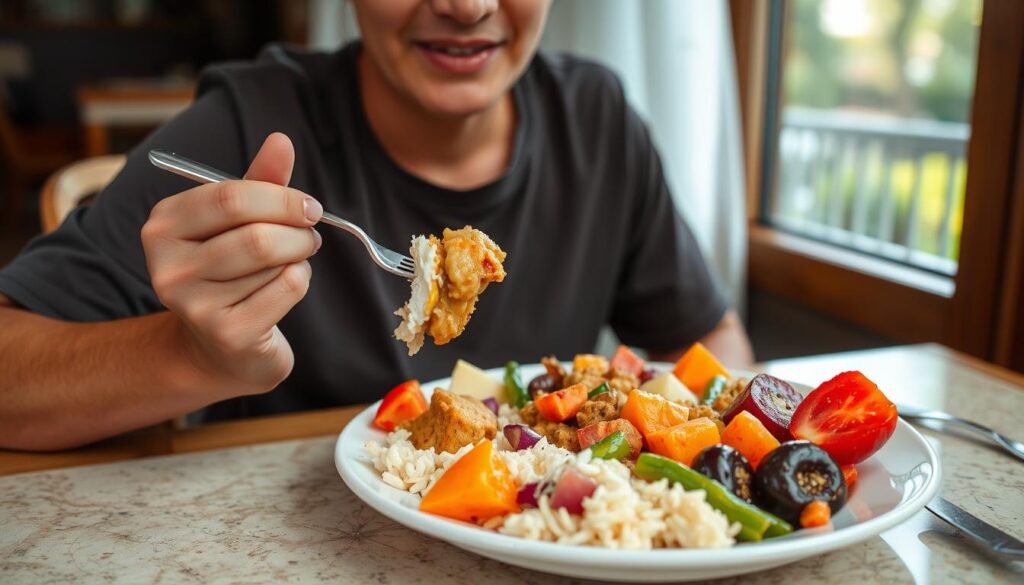 Person practicing mindful eating with a healthy meal Person practicing mindful eating with a healthy meal