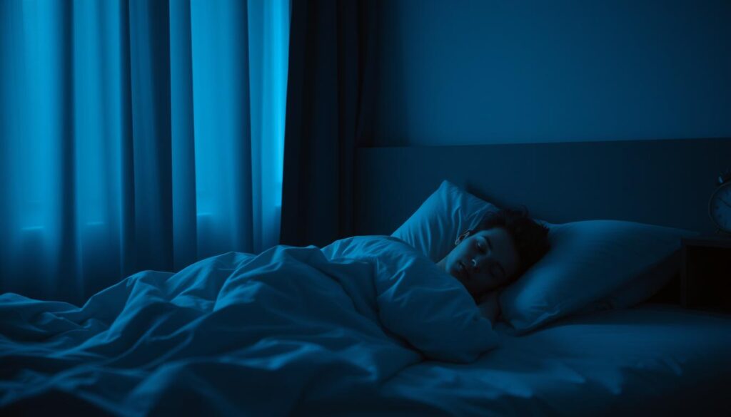 Person sleeping peacefully in a dark room with good sleep hygiene practices Person sleeping peacefully in a dark room with good sleep hygiene practices