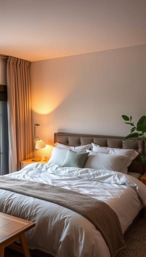 A cozy and serene bedroom with soft, muted lighting, creating a calming atmosphere for optimizing sleep quality. A plush, inviting bed with high-quality bedding and comfortable pillows takes center stage. The room features natural elements like wooden furniture and plants, adding a soothing, organic ambiance. Warm-toned lighting from a bedside lamp casts a gentle glow, while blackout curtains or blinds effectively block out external light. The overall scene exudes a sense of tranquility and relaxation, setting the stage for a restful night's sleep that can support weight loss and metabolism.