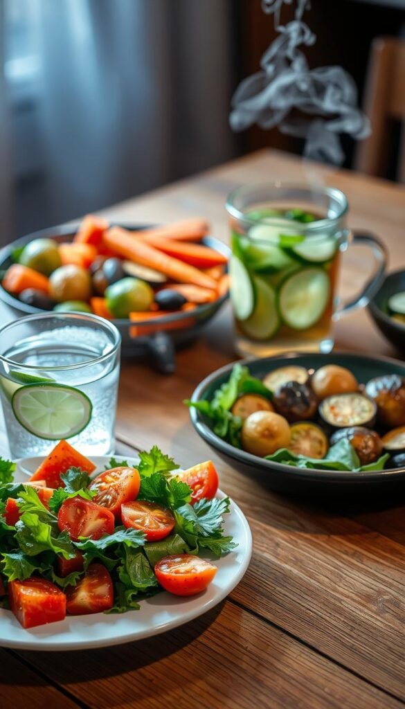 A cozy evening scene showcasing a variety of wholesome, low-calorie foods on a wooden table. In the foreground, a plate features a fresh salad with vibrant greens, juicy tomatoes, and a light dressing. Next to it, a glass of infused water with slices of lemon and cucumber. In the middle ground, a bowl of roasted vegetables like Brussels sprouts, carrots, and zucchini, drizzled with a touch of olive oil. In the background, a steaming mug of herbal tea emits tendrils of fragrant steam. The lighting is soft and warm, creating a relaxing and inviting atmosphere conducive to a mindful, weight-loss-friendly evening meal.