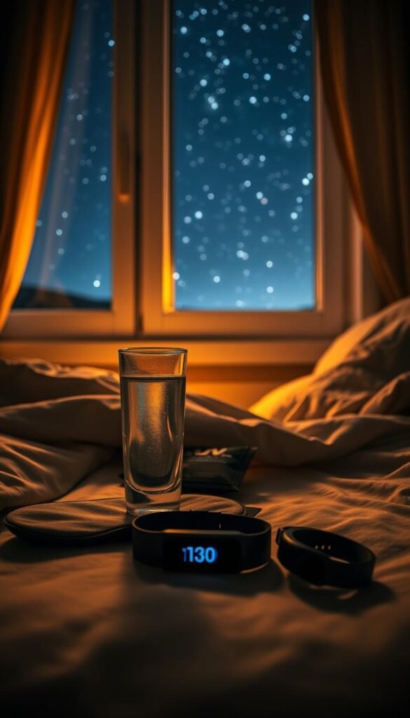 A dimly lit bedroom at night, with a bedside table featuring essential components for a weight loss routine: a glass of water, a healthy snack, a sleep mask, and a fitness tracker. The window in the background reveals a starry sky, creating a serene and calming atmosphere. The lighting is soft and warm, casting a gentle glow on the items. The composition is balanced, with the night routine elements taking up the central focus, surrounded by the cozy, inviting bedroom environment.