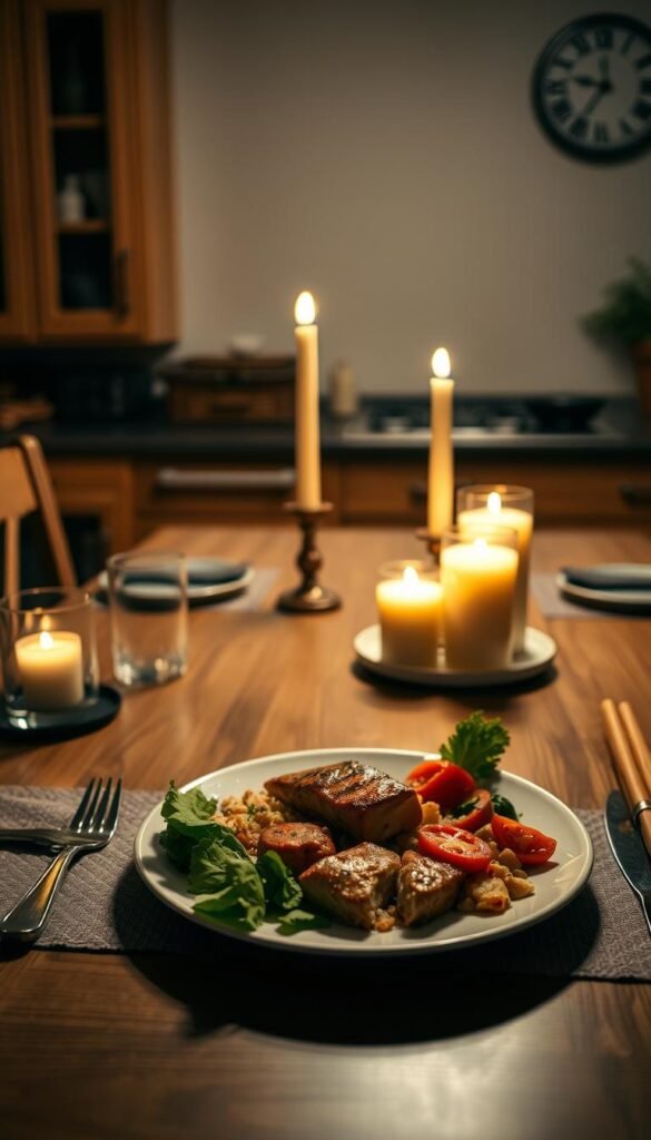A dimly lit kitchen table set for a cozy dinner, a plate with a balanced meal of lean protein, vegetables, and complex carbs taking center stage. The soft glow of candles creates a warm, inviting atmosphere, suggesting the optimal timing for a nourishing evening meal that supports fat-burning metabolism. A subtle clock on the wall indicates the ideal dinner hour, while the composition emphasizes the importance of consistency and mindfulness around this critical weight-loss routine.