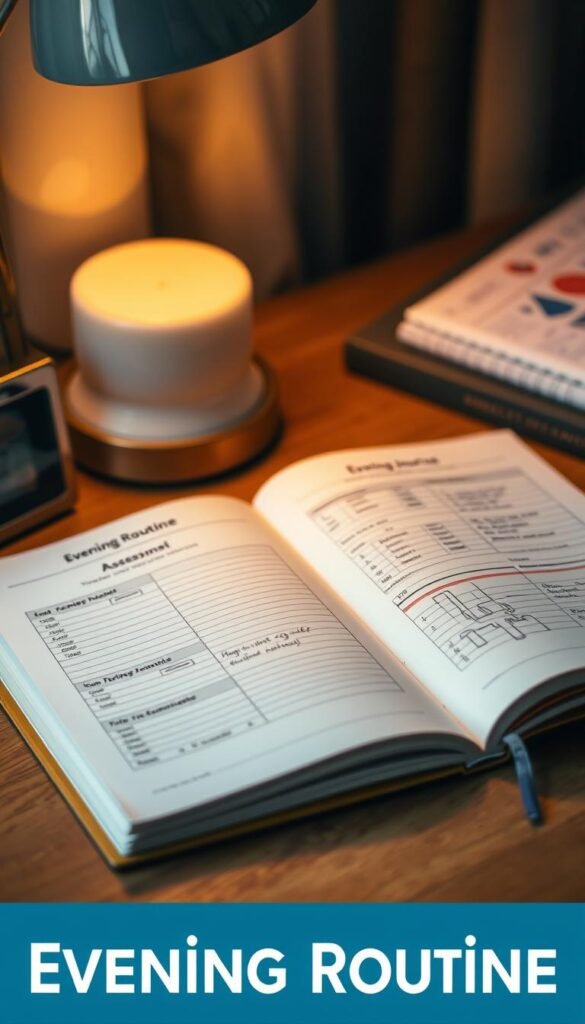A thoughtfully designed evening routine assessment tracking journal lies open on a wooden desk, its pages filled with meticulously organized notes, charts, and graphs. Soft, warm lighting from a desk lamp casts a cozy glow, while the background is softly blurred, emphasizing the journal as the focal point. The journal's cover features a minimalist design, conveying a sense of professionalism and functionality. The overall mood is one of focused productivity and a commitment to personal growth and accountability.
