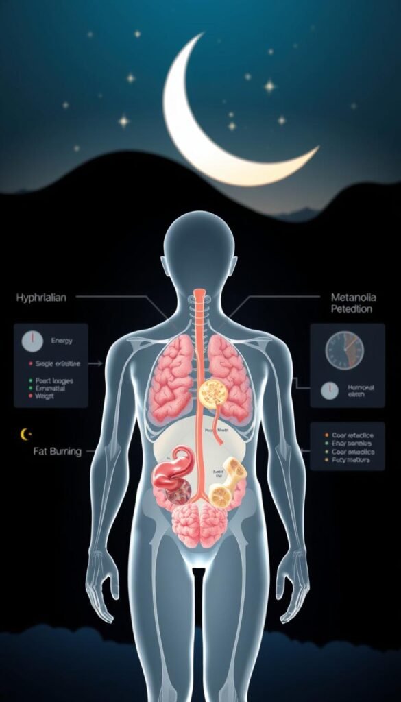 An anatomically accurate illustration of the circadian rhythm and weight loss metabolic patterns, rendered with intricate detail and scientific precision. In the foreground, a simplified diagram of the human body's internal clock, with the hypothalamus and other key components highlighted. The middle ground depicts the metabolic processes involved in weight regulation, such as energy expenditure, fat burning, and hormonal fluctuations, all in a harmonious visual flow. The background showcases a stylized representation of the sleep-wake cycle, with a crescent moon and stars symbolizing the nighttime phase, complemented by subtle lighting effects to convey a calm, contemplative atmosphere. The overall composition aims to educate and enlighten, blending scientific accuracy with aesthetic appeal.