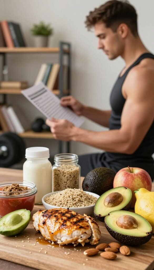 A balanced macronutrient setup for a mesomorph athlete's nutrition plan. In the foreground, feature a variety of colorful, well-arranged food items representing proteins, carbohydrates, and healthy fats: grilled chicken, quinoa, avocados, almonds, and vibrant fruits. In the middle ground, display a gym scene with a focused, athletic person in professional workout attire, examining a nutrition chart, conveying determination and knowledge. In the background, softly blurred shelves filled with healthy cookbooks and a small plant for a touch of freshness. Warm, natural lighting to create an inviting atmosphere, with a slight overhead angle to draw attention to the foods and subject. The mood is motivating and educational, inspiring optimal performance and health for mesomorphs.