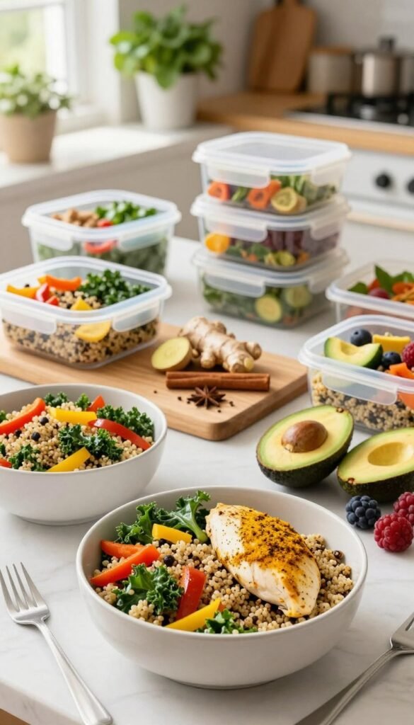 A beautifully arranged meal prep setting showcasing a variety of anti-inflammatory foods aimed at natural fat loss. In the foreground, vibrant bowls filled with quinoa salad mixed with colorful bell peppers, kale, and turmeric-infused chicken breasts. Next to them, ripe avocados and berries add a pop of color. In the middle ground, a wooden cutting board holds an array of spices like ginger and cinnamon, surrounded by health-focused meal containers with neatly portioned meals. The background features a softly lit kitchen with potted herbs and a hint of sunlight streaming through a window, creating a warm and inviting atmosphere. The image captures a clean, fresh, and nutritious vibe, ideal for a healthy lifestyle.