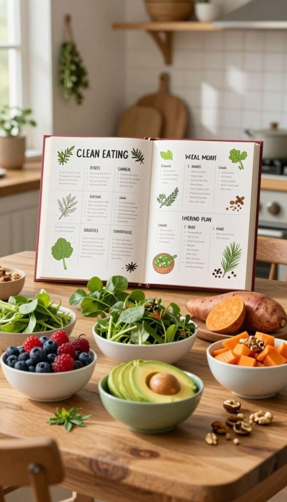 A beautifully arranged week-long clean eating plan showcasing anti-inflammatory foods. In the foreground, an elegant wooden dining table displays vibrant bowls of color-rich foods: bright berries, avocado slices, leafy greens, sweet potatoes, and nuts, all artfully arranged. In the middle ground, a beautifully illustrated weekly meal planner lies open, adorned with fresh herbs and spices, against a backdrop of warm, natural lighting coming through a window, casting soft shadows. The kitchen setting is homely and inviting, with rustic elements like hanging herbs and pots. The atmosphere feels fresh, wholesome, and energizing, promoting a sense of well-being and health-focused living. The overall composition emphasizes the core principles of an anti-inflammatory diet.