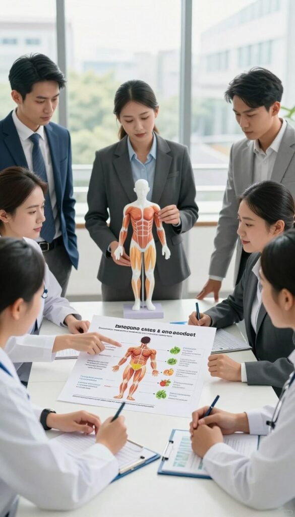 A diverse group of health professionals in professional business attire is gathered around a table in a modern office setting, analyzing body composition diagrams and nutritional charts. In the foreground, a nutritionist points to a colorful infographic illustrating different metabolic body types—ectomorph, mesomorph, and endomorph—highlighting their unique dietary needs. In the middle ground, a fitness expert is demonstrating the effects of varied diets on fat loss using a 3D model of a human body, showcasing muscle vs. fat distribution. The background features large windows with natural sunlight streaming in, creating a vibrant and motivating atmosphere. The overall mood is focused and collaborative, emphasizing the importance of tailored nutrition for optimal health. High-resolution, bright lighting, with a slight depth of field to draw attention to the professionals' engaged expressions.