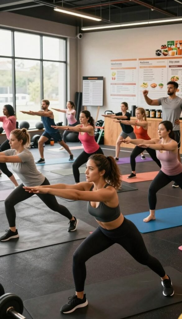 A fitness coach demonstrating a diverse group of individuals engaged in body type training, with an emphasis on combining exercise and nutrition. In the foreground, a fit woman in modest athletic wear is leading a group stretch, while a diverse array of participants, including men and women of varying body types, follow her lead, showing determination and focus. The middle ground captures a vibrant gym setting with weights and exercise mats, while nutrition charts and healthy meal prep ingredients are displayed prominently. The background features large windows letting in natural light, creating an energizing atmosphere. The mood is motivational and empowering, with warm lighting highlighting the participants’ engaged expressions, and a wide-angle lens capturing the dynamic group activity.