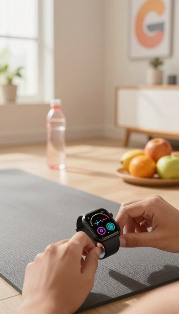 A modern fitness tracking scene showcasing a high-tech smartwatch displaying metrics like heart rate, calories burned, and hydration levels. In the foreground, a close-up of the smartwatch is angled to prominently feature its vibrant screen, with a blurred hand adjusting it, suggesting active engagement in a fitness routine. In the middle, a well-lit home environment with a yoga mat, water bottle, and fresh fruits creates an inviting atmosphere for morning health rituals. In the background, a sunlit room with serene colors and motivational posters enhances the theme of success and positivity. Soft, natural lighting pours in from the window, casting a warm glow over the scene, conveying energy and determination without distractions.