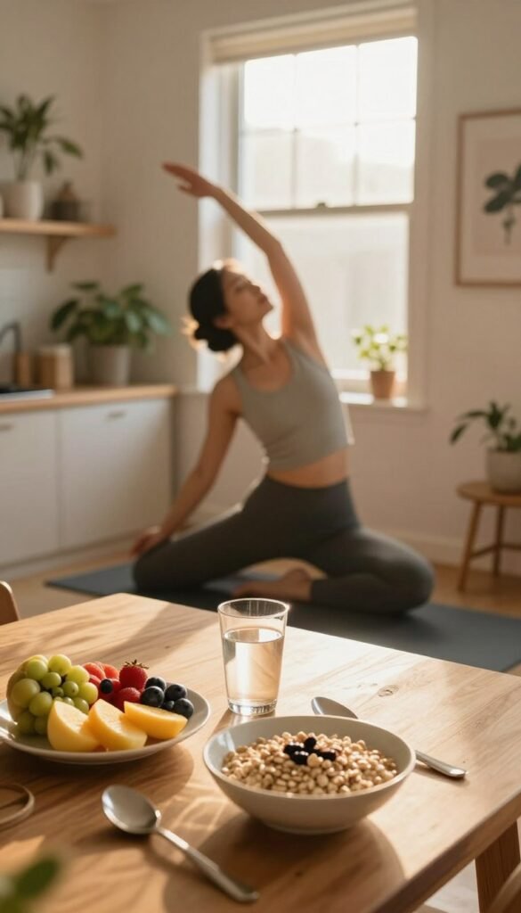 A peaceful, sunlit morning scene depicting a serene home environment designed for a fat loss routine. In the foreground, a healthy breakfast of fruit, oatmeal, and a glass of water is neatly arranged on a wooden kitchen table. In the middle, a person dressed in comfortable yet modest activewear performs a gentle yoga stretch, emphasizing mindfulness and movement. A window behind them lets in warm, golden morning light, casting soft shadows. In the background, indoor plants and motivational artwork add a calming atmosphere. The overall mood is one of tranquility, focus, and healthy determination, celebrating the start of a productive day. The composition should be captured with a soft-focus lens to enhance the warm feel of the morning light.