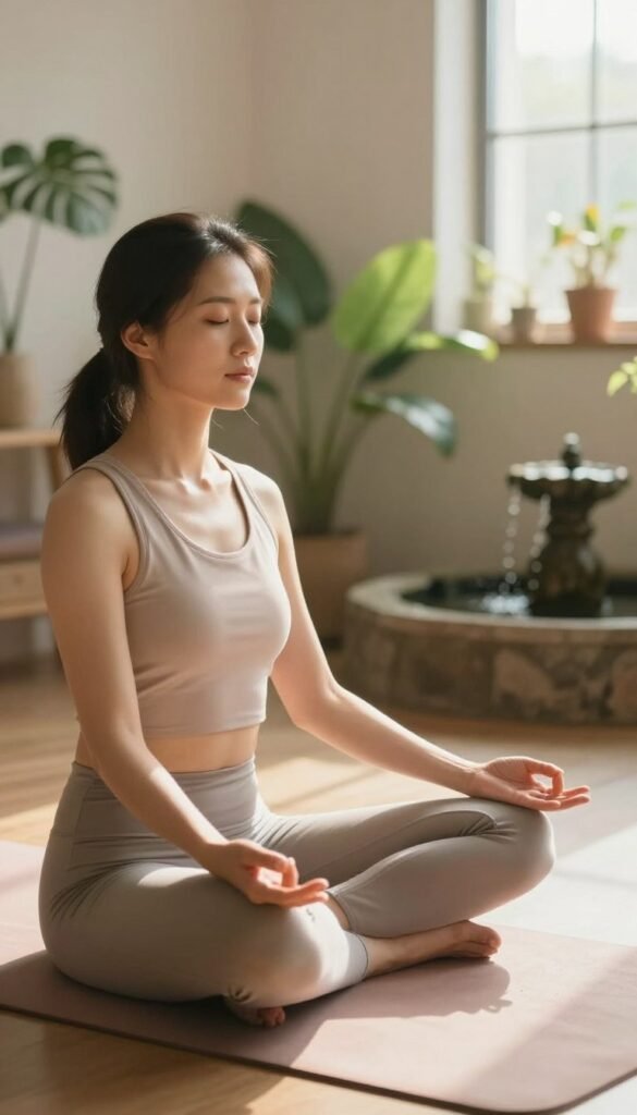 A serene indoor setting featuring a person in comfortable, modest clothing practicing mindfulness. The foreground displays a woman sitting cross-legged on a soft yoga mat, hands resting on her knees, with a calm expression, embodying focus and tranquility. The middle ground includes a gently lit room with plants and natural elements, such as a small indoor fountain providing a soothing water sound. The background reveals a window with soft, diffused sunlight streaming in, casting a warm glow. The atmosphere is peaceful and uplifting, promoting a sense of inner calm and mental clarity, ideal for supporting a mindset conducive to weight loss. The perspective is slightly elevated, capturing the scene from a diagonal angle, enhancing the depth and tranquility of the image.
