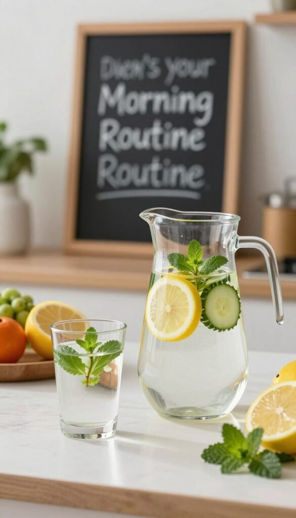 A serene kitchen setting bathed in soft, natural light, showcasing a stylish glass pitcher filled with infused water, garnished with slices of lemon, cucumber, and sprigs of mint. In the foreground, a visually appealing glass tumbler stands beside the pitcher, reflecting the healthy theme of hydration. The middle area features fresh fruits and vegetables, emphasizing the connection between hydration and fat burning. In the background, a motivational quote on a chalkboard subtly highlights the importance of hydration in a morning routine. The atmosphere is calm yet invigorating, suggesting clarity and energy for the day ahead. The overall composition focuses on wellness and vitality, encouraging viewers to embrace strategic hydration. The lens is set to a soft focus, enhancing the inviting ambiance.