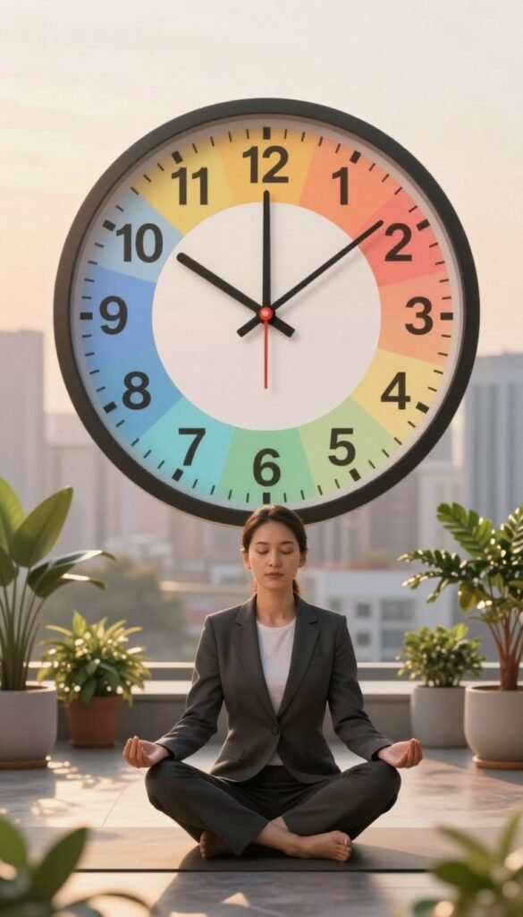 A serene morning scene depicting the concept of circadian rhythms and weight management. In the foreground, a person in professional attire is practicing mindfulness, seated in a sunlit space with houseplants around. The middle ground features a large, colorful clock with distinct phases of the day represented, highlighting optimal times for hydration, movement, and rest. In the background, a gentle sunrise illuminates a city skyline, symbolizing new beginnings and energy. Soft, warm lighting creates a calm atmosphere, with a shallow depth of field focusing on the individual’s serene expression. The image embodies balance, health, and a fresh start, inviting viewers to explore the connection between daily routines and natural fat loss.