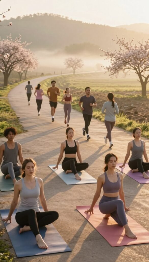 A serene morning scene showcasing individuals engaged in various forms of movement. In the foreground, a diverse group of people—dressed in modest athletic wear—practice yoga on colorful mats, radiating tranquility and focus. In the middle ground, others jog along a sun-drenched pathway, their expressions reflecting determination and vitality. The background displays gentle rolling hills and blossoming trees bathed in the soft golden light of sunrise, casting long shadows. The lighting is warm and inviting, highlighting the freshness of the morning atmosphere. Capture this scene from a slightly elevated angle to encompass the richness of movement and energy, evoking a sense of calm and motivation, perfect for inspiring a morning exercise routine.