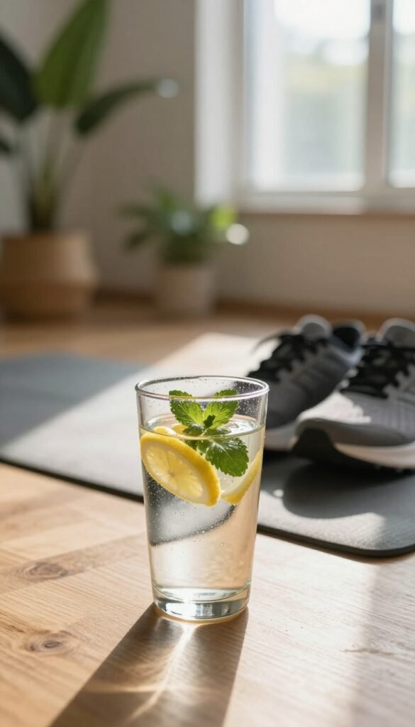 A serene morning scene that emphasizes hydration as a key element for fat loss. In the foreground, a glass of refreshing water infused with lemon and mint sits on a wooden table, glistening with condensation. Midground features a yoga mat with a pair of running shoes, suggesting movement and activity as part of a morning routine. In the background, soft, diffused sunlight streams through a window, casting gentle shadows and creating a warm, inviting atmosphere. The room is tastefully decorated with green plants, promoting a sense of calm and wellness. Capture the image with a shallow depth of field to focus on the glass, creating a tranquil yet motivational vibe, suitable for inspiring a healthy lifestyle.