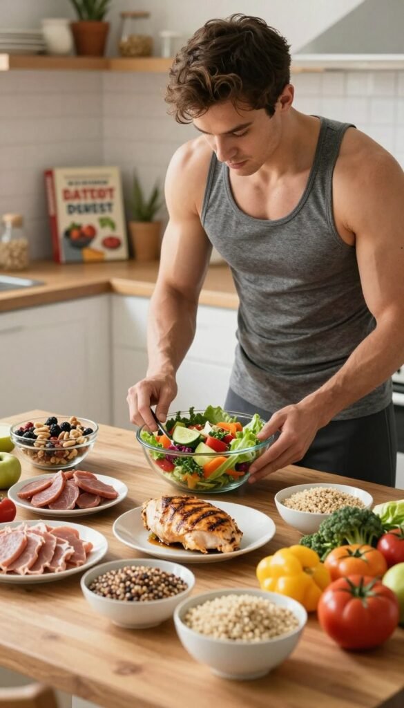 A vibrant and educational scene illustrating a metabolism-based eating plan for ectomorphs. In the foreground, a wooden table displays an array of healthy foods tailored for ectomorphs, including lean proteins like grilled chicken, quinoa, colorful vegetables, and whole grains. In the middle ground, a fit person in a casual yet professional outfit, perhaps showing healthy meal prepping, is closely examining a fresh salad with a focused expression. The background features a cozy kitchen with motivational cooking books and a bowl of mixed nuts and berries. Soft, natural lighting brightens the scene, highlighting the textures of the food and creating an inviting atmosphere that emphasizes wellness and nutrition. The overall mood is energetic and inspiring.