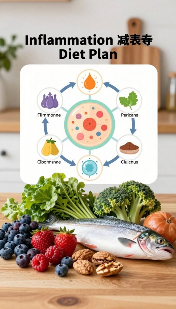 A vibrant, informative illustration of an inflammation reduction diet plan, emphasizing the effects on immune response. In the foreground, display a colorful array of fresh, anti-inflammatory foods such as berries, leafy greens, nuts, and fatty fish arranged artistically on a wooden table. In the middle, include a stylized infographic diagram showcasing the immune response mechanism, featuring arrows and icons depicting inflammation reduction at a cellular level. In the background, softly blurred kitchen elements like a cutting board and herbs to enhance a warm, inviting atmosphere. Utilize bright, natural lighting to emphasize the freshness of the ingredients and convey a hopeful, health-focused mood. The overall composition should be visually appealing and educational without containing any text or labels.