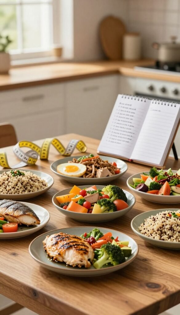 A visually appealing composition depicting a spread of healthy foods tailored for an endomorph diet focused on insulin sensitivity and weight loss. In the foreground, an array of colorful dishes arranged neatly on a rustic wooden table, showcasing lean proteins like grilled chicken and fish, vibrant vegetables, and whole grains such as quinoa and brown rice. The middle ground features a soft-focus image of a measuring tape and a health journal with handwritten notes about carbohydrate intake. In the background, a calming kitchen scene with natural light streaming through a window, enhancing the warm atmosphere. The mood is uplifting and motivational, emphasizing a balanced approach to eating. Use soft, warm lighting to create a welcoming environment, captured from a slight overhead angle to showcase the food beautifully.