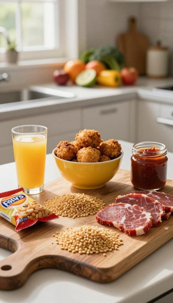 A visually appealing kitchen countertop featuring a stylish layout of various anti-inflammatory foods to avoid for weight management. In the foreground, include vibrant images of processed snacks, sugary beverages, refined grains, and red meats arranged artistically on a rustic wooden cutting board. The middle section can showcase a bright ceramic bowl filled with deep-fried food items and a glass jar containing sugary sauces. The background should softly display fresh fruits and vegetables slightly out of focus to contrast the foods to avoid, creating depth. Natural sunlight streams in through a window, casting a warm glow across the scene, enhancing the mood of awareness and balance. The composition should evoke a sense of thoughtful decision-making in a clean, organized kitchen environment.