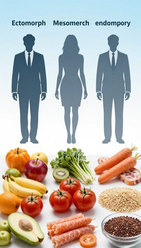 A visually compelling comparison chart featuring the three body types: ectomorph, mesomorph, and endomorph. In the foreground, highlight nutritional differences tailored for each body type—colorful, well-organized food items like fruits, vegetables, lean proteins, and whole grains. In the middle ground, include clear, stylized silhouettes of the three body types, each depicted in professional business attire to maintain a respectable tone. The background should have a soft gradient, transitioning from light blue to white, suggesting a clean and scientific atmosphere. Use bright, natural lighting to enhance the colors and details of the food items. The overall mood is informative yet engaging, designed to facilitate understanding of metabolic differences in a professional context.
