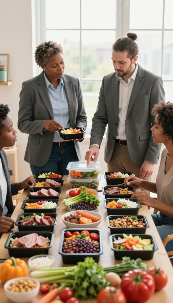 A well-lit, informative composition showcasing a diverse group of individuals of various body types engaging with a colorful meal prep scene. In the foreground, a table filled with protein-rich foods such as lean meats, legumes, nuts, and vibrant vegetables, arranged enticingly. In the middle, two people in professional business attire discussing their meal plans, one pointing at a neatly organized meal prep container, emphasizing an educational atmosphere. The background includes a large window with natural light flooding in, enhancing the warm, inviting mood. The scene captures a sense of community and health, with a focus on nutrition tailored for different body types. The angle is slightly elevated to include both the food and the individuals, creating an appealing perspective.