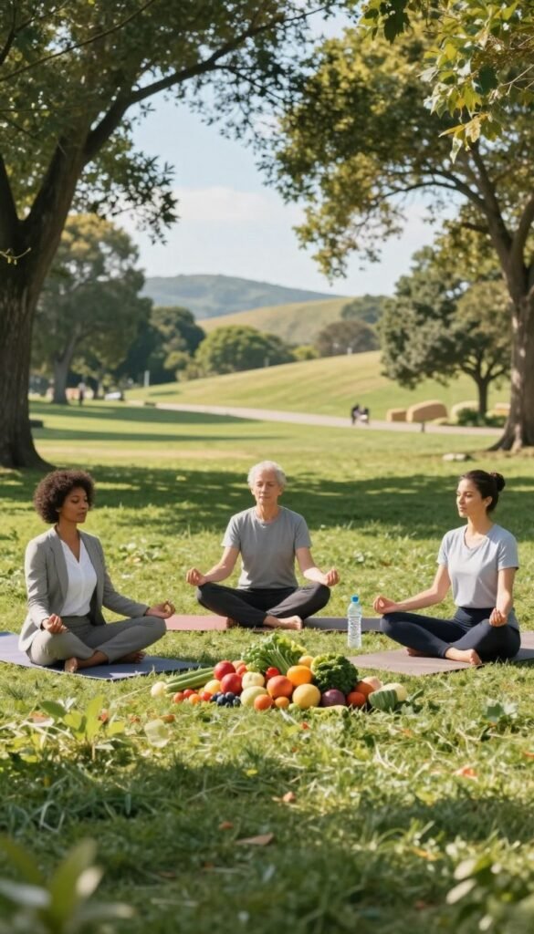 A serene and inspiring scene depicting holistic lifestyle tips to amplify yoga weight loss. In the foreground, a diverse group of three individuals practicing yoga in a lush, sunlit park, aligned in a meditative pose, dressed in modest, comfortable yoga attire. The middle ground features a bountiful display of fresh fruits and vegetables, symbolizing healthy eating habits, with a crystal water bottle nearby. In the background, gentle rolling hills and clear blue skies enhance the tranquility. Soft, natural sunlight filters through the trees, casting dappled shadows on the ground, creating a warm and inviting atmosphere. The composition is focused on balance and harmony, embodying a lifestyle that supports weight loss and wellness.