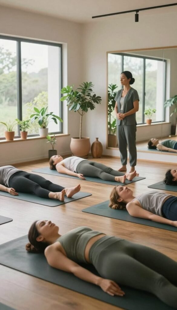 A serene contemporary yoga studio bathed in soft, natural light from large windows, featuring a calm instructor guiding a class. In the foreground, a diverse group of practitioners is performing gentle yoga poses on eco-friendly mats, dressed in modest, comfortable activewear. The middle ground showcases plants and natural wood elements, creating a warm, inviting atmosphere. The background has a wall of mirrors reflecting the harmonious movement and focus of the class. The image captures a sense of tranquility and motivation, with an inviting color palette of greens and earth tones. Use a soft focus effect to enhance the gentle essence of the practice, emphasizing the connection to sustainability and mindfulness in yoga.