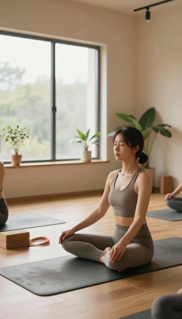 A serene indoor yoga studio, warmly lit with soft, natural light filtering through large windows. In the foreground, a practitioner in modest athletic wear is depicted in a gentle seated pose, eyes closed, hands resting on her knees, embodying a moment of mindfulness and connection with her body. The middle area features a yoga mat and props like blocks and a strap, symbolizing support and accessibility. In the background, minimalistic decor with potted plants and calming colors enhances the atmosphere of tranquility and focus. The overall mood is peaceful and introspective, inviting viewers to contemplate the importance of self-awareness in yoga practice. The image captures a wide-angle perspective, showcasing both the individual and the nurturing environment.