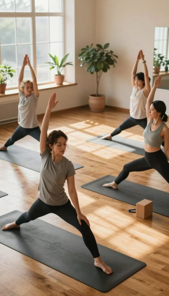 A serene yoga studio bathed in soft, natural light filtering through large windows, casting gentle shadows on polished wooden floors. In the foreground, a diverse group of three individuals—one male and two females—demonstrates various yoga poses (like Warrior II and Downward Dog) in modest, comfortable attire. They are focused and engaged, showcasing concentration and poise, reflecting the theme of boosting metabolism. In the middle ground, yoga mats with essential props, such as blocks and straps, add depth. The background features potted plants and calming decor, creating a peaceful atmosphere. The scene conveys a sense of harmony, vitality, and the transformative power of yoga, emphasizing its role in natural weight loss. The angle is slightly elevated, capturing the entire space and the energy of the poses harmoniously.