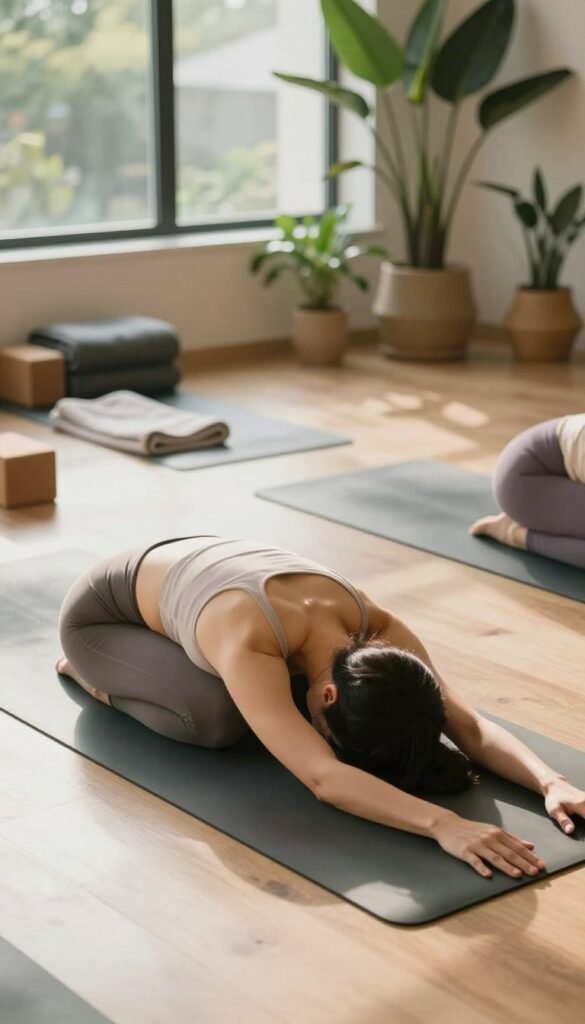 A serene yoga studio with soft, natural lighting filtering through large windows, casting gentle shadows. In the foreground, a female yoga practitioner is performing a forward fold, seamlessly transitioning into a seated twist, dressed in modest, comfortable athletic wear. Her expression is calm and focused, embodying relaxation and mindfulness. The middle ground features yoga mats and soothing props like blocks and blankets, arranged neatly. In the background, lush indoor plants add a touch of nature, enhancing the tranquil atmosphere. The overall mood is peaceful and grounding, captivating the essence of post-yoga cool-down. The image should have a warm color palette, emphasizing the feeling of inner peace and rejuvenation, captured from a slightly elevated angle to showcase the yoga poses clearly.