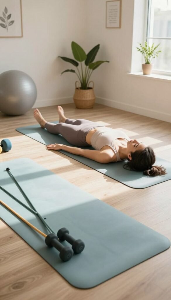 A tranquil indoor yoga space designed for weight loss practice. The foreground features a soft, high-quality yoga mat in calming colors, along with a set of resistance bands, a large exercise ball, and a pair of dumbbells. In the middle, a peaceful figure dressed in modest, professional activewear is preparing to practice yoga, demonstrating focus and intent. The background showcases a serene environment with natural light streaming in through a window, illuminating plants and motivational decor on the walls. The angle captures the scene from a slightly elevated perspective, creating an inviting and energizing atmosphere for a mindful workout session. Soft shadows enhance depth while maintaining a bright, airy feel throughout the space.
