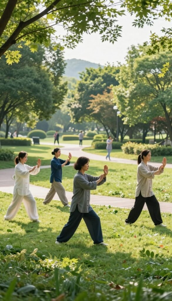 A peaceful outdoor scene showcasing a diverse group of individuals practicing tai chi walking in a serene park setting. In the foreground, three practitioners, dressed in modest casual clothing, gracefully execute tai chi movements, their postures embodying focus and tranquility. The middle ground features lush greenery, soft grass, and winding pathways, with gentle sunlight filtering through the leaves, creating dappled patterns on the ground. In the background, distant trees and a gentle hill add depth to the scene. The mood is calming and harmonious, emphasizing the holistic benefits of tai chi, including relaxation, balance, and mindfulness. The atmosphere is alive with the sounds of nature, inviting viewers to feel the serenity of the moment captured at a low angle, highlighting the practitioners' fluid movements against the peaceful backdrop.