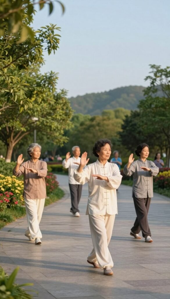 A serene outdoor scene featuring a diverse group of seniors practicing tai chi walking on a paved pathway in a park. In the foreground, show three seniors in modest casual clothing, focusing intently on their movements, embodying grace and stability. In the middle ground, depict lush greenery, flowering plants lining the path, and a gentle breeze moving the leaves, evoking a peaceful atmosphere. The background includes soft hills and a clear blue sky, emphasizing calmness and tranquility. The lighting is warm and golden, suggesting late afternoon sunlight that creates soft shadows for a gentle, inviting ambiance. Use a slight angled view to capture the depth of the scene while highlighting interaction and balance among the participants.