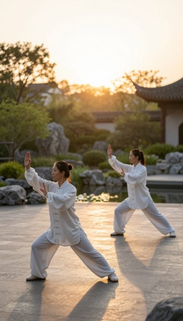 A serene outdoor setting at dawn shows a male and female practitioner performing tai chi movements, specifically the golden rooster and bear walk variations. In the foreground, the practitioners are in elegant, flowing attire, showcasing their fluid motions with delicate precision. The middle ground features a tranquil garden environment with lush greenery, soft stones, and a gentle water feature, enhancing the calming atmosphere. The background reveals a soft sunrise, casting warm golden light across the scene, creating long shadows that accentuate the movements. The focus is sharp on the practitioners, with a slight blur on the surroundings, evoking a peaceful and meditative mood. The angle is slightly elevated, capturing the grace of the movements against the serene backdrop.
