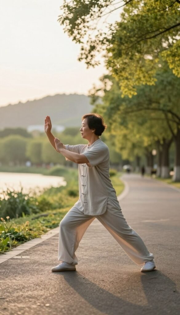 A serene outdoor setting captured during the golden hour, showcasing a person performing the tai chi cat walk technique. The foreground features a middle-aged individual in modest, comfortable activewear, gracefully demonstrating steady foot placements and fluid arm movements, embodying balance and harmony. In the middle ground, a gentle path lined with lush greenery and soft sunlight filtering through trees adds depth to the scene. The background presents a tranquil park landscape with soft hills and a calm lake, reflecting the peaceful atmosphere. The image is framed with a slightly low angle to emphasize the practitioner's form and technique, enhancing a sense of motion and fluidity, while soft, warm lighting creates a soothing and inviting mood throughout the composition.