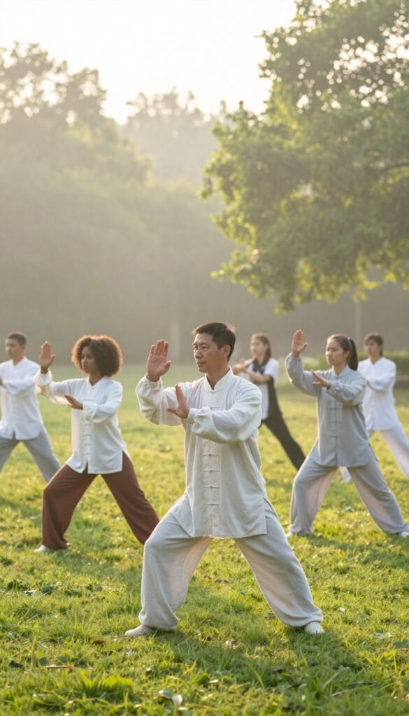A serene outdoor setting during early morning, showcasing a diverse group of beginners practicing tai chi in a tranquil park. In the foreground, a middle-aged Asian man in a loose, light-colored martial arts outfit demonstrates a gentle tai chi movement with a focus on balance and grace. In the middle ground, a young woman of African descent practices alongside him, her expression calm and focused, embodying the flowing motion of tai chi. The background features soft, green trees bathed in warm, golden sunlight, with a gentle mist lingering in the air, creating a peaceful atmosphere. The overall mood is one of tranquility, inviting viewers to feel the meditative essence of tai chi. Use a wide-angle lens to capture the entire scene, emphasizing the connection between the practitioners and nature, with soft, diffused lighting.