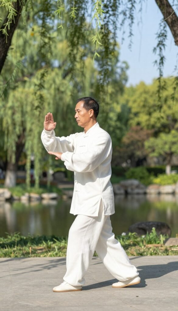 A serene outdoor setting illustrating tai chi walking, featuring a middle-aged Asian male practitioner in a simple, flowing white tai chi uniform. In the foreground, he is gracefully stepping forward with fluid motion, embodying focus and tranquility. The middle ground reveals a lush green park, with softly swaying trees and gentle sunlight filtering through the leaves, casting natural shadows. The background includes a calm pond reflecting the clear blue sky. Capture the image in bright, natural lighting to evoke a sense of peace and mindfulness. Use a shallow depth of field to focus on the practitioner while softly blurring the background, conveying a tranquil atmosphere conducive to tai chi practice.