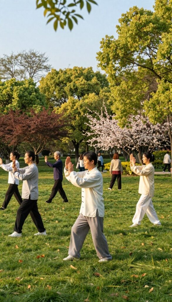 A serene park scene showcasing a diverse group of individuals engaged in tai chi walking, illustrating the benefits for metabolic health. In the foreground, three practitioners, dressed in comfortable, modest activewear, perform graceful tai chi movements, emphasizing fluidity and mindfulness. In the middle ground, the green park is alive with lush trees and blooming flowers, symbolizing vitality and wellness, while other park-goers engage in regular walking, highlighting the contrast between the two activities. The background features a bright blue sky, creating an uplifting atmosphere. Soft, golden daylight filters through the leaves, casting gentle shadows and enhancing the peaceful mood of the scene. Shot from a low angle to accentuate the practitioners' movements, evoking a sense of tranquility and health.