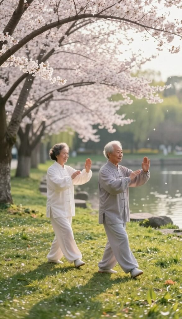 A serene park scene showcasing an elderly couple practicing tai chi walking, embodying grace and fluidity. In the foreground, they are dressed in modest, loose-fitting clothing in soft pastel colors, moving in synchrony with gentle smiles. The middle ground features lush green grass and blooming cherry blossom trees, their petals softly falling around the couple, enhancing a sense of tranquility. In the background, a peaceful pond reflects the sky, with subtle ripples hinting at a gentle breeze. The lighting is soft and warm, reminiscent of the early morning sun, casting long shadows that highlight their movements. The overall atmosphere is calm and meditative, perfectly capturing the essence of tai chi walking and its roots in mindfulness and harmony with nature.