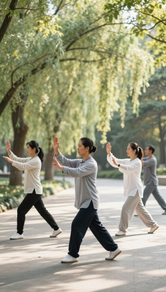 A serene scene depicting tai chi walking in an outdoor park setting. In the foreground, a diverse group of three individuals, dressed in comfortable, modest athletic wear, gracefully perform tai chi walking, their movements fluid and harmonious. The middle ground features softly swaying trees and a tranquil pathway, emphasizing the mindfulness aspect of their practice. In the background, gentle sunlight filters through the leaves, casting dappled shadows on the ground, enhancing the sense of peace and relaxation. Captured from a low angle with a soft focus, the image invokes a calm and meditative atmosphere, highlighting the beauty of this mindful walking method inspired by tai chi movements. The overall mood is one of tranquility and wellness.