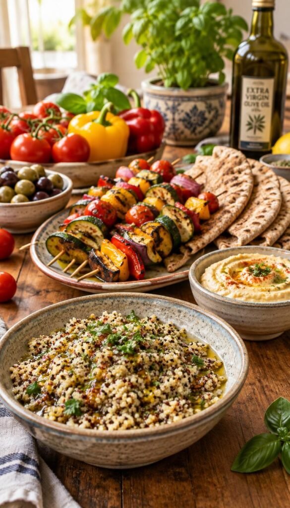 A beautifully arranged Mediterranean-style diet meal on a rustic wooden table, featuring colorful produce such as ripe tomatoes, vibrant bell peppers, fresh basil, and olives. In the foreground, a bowl of quinoa drizzled with olive oil and a sprinkle of herbs. The middle ground displays a platter of grilled vegetable skewers and whole-grain pita bread, while a small dish of hummus adds a touch of creaminess. In the background, soft-focus kitchen elements like an herb planter and a bottle of extra virgin olive oil enhance the scene. The lighting is warm and natural, evoking a cozy, inviting atmosphere, shot from a slightly elevated angle to capture the meal's beautiful details.