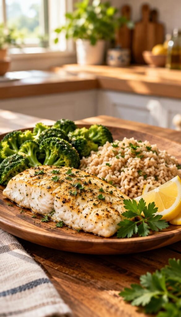 A beautifully arranged baked fish meal featuring a perfectly cooked white fish fillet, lightly seasoned and garnished with fresh herbs. Accompanying the fish is a generous serving of fluffy brown rice, each grain distinct and nutty in appearance. Vibrant green broccoli florets are steamed to a bright hue, adding a pop of color. In the foreground, the meal is presented on a rustic wooden plate, artfully garnished with lemon wedges and parsley. The middle of the composition captures the meal, while a softly blurred kitchen background hints at a cozy, warm atmosphere lit by natural sunlight streaming in through a nearby window. The scene evokes a sense of warmth and health, suitable for a nourishing lunch or dinner.