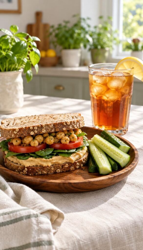 A beautifully arranged chickpea sandwich on a rustic wooden plate, featuring lush layers of fresh spinach, ripe tomato slices, and creamy hummus, with a side of crisp cucumber sticks. Next to it, a clear glass of unsweetened iced tea, reflecting sunlight, with a lemon wedge perched on the rim. The scene is set on a light-colored tablecloth to promote a clean, healthy vibe, surrounded by soft, natural lighting that creates an inviting atmosphere. In the background, a blurred kitchen with green potted herbs hints at a wholesome, home-cooked environment. The composition should evoke a sense of simplicity and nourishment, highlighting the beauty of wholesome, anti-inflammatory foods.