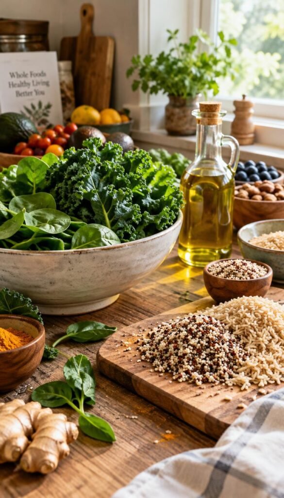 A rustic kitchen counter filled with an array of wholesome foods representing an anti-inflammatory diet. In the foreground, a bowl of plump, vibrant green leafy vegetables, including kale and spinach, sits beside a wooden cutting board adorned with assorted whole grains like quinoa and brown rice. Olive oil is elegantly drizzled in a glass bottle, its golden hue catching the light. In the background, soft natural lighting filters through a nearby window, casting a warm glow over the scene, highlighting the textures of the grains and freshness of the vegetables. The atmosphere is inviting and serene, evoking a sense of health and wellness, perfect for meal planning inspired by nutritious ingredients.