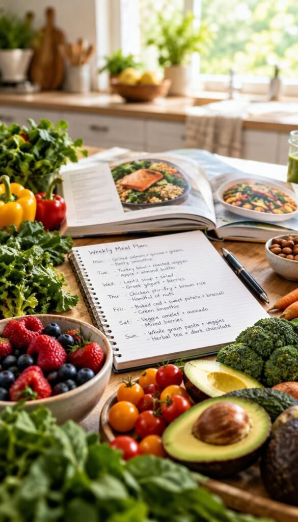 A well-organized meal planning setup featuring notes written on a notepad, alongside various healthy foods tailored for an anti-inflammatory diet. In the foreground, focus on a beautifully arranged display of colorful fruits and vegetables, including bright berries, leafy greens, and rich avocados. The middle layer showcases the notepad with visible handwritten notes outlining weekly meal plans, along with a few health-focused cookbooks open to the relevant recipes. In the background, a softly blurred kitchen setting can be seen, with natural light streaming in through a window, creating a warm and inviting atmosphere. Use a shallow depth of field to accentuate the foreground details while maintaining a cozy, motivational mood throughout the image. Avoid any text or branding elements, ensuring a clean, professional aesthetic.