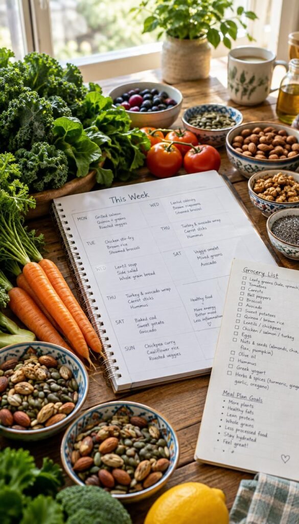 A wooden kitchen table serves as the backdrop for an inviting still life composition featuring a weekly calendar and neatly written grocery notes. In the foreground, vibrant, fresh vegetables such as leafy greens, ripe tomatoes, and orange carrots are artfully arranged, alongside a selection of healthy nuts and seeds in decorative bowls. The middle ground focuses on the calendar, open to the current week, alongside notes outlining meal plans. In the background, soft, natural light filters in through a nearby window, creating a warm and calming atmosphere. The scene is captured from a slightly elevated angle to highlight the textures of the food and the careful organization of meal planning, reflecting a healthy, anti-inflammatory lifestyle.