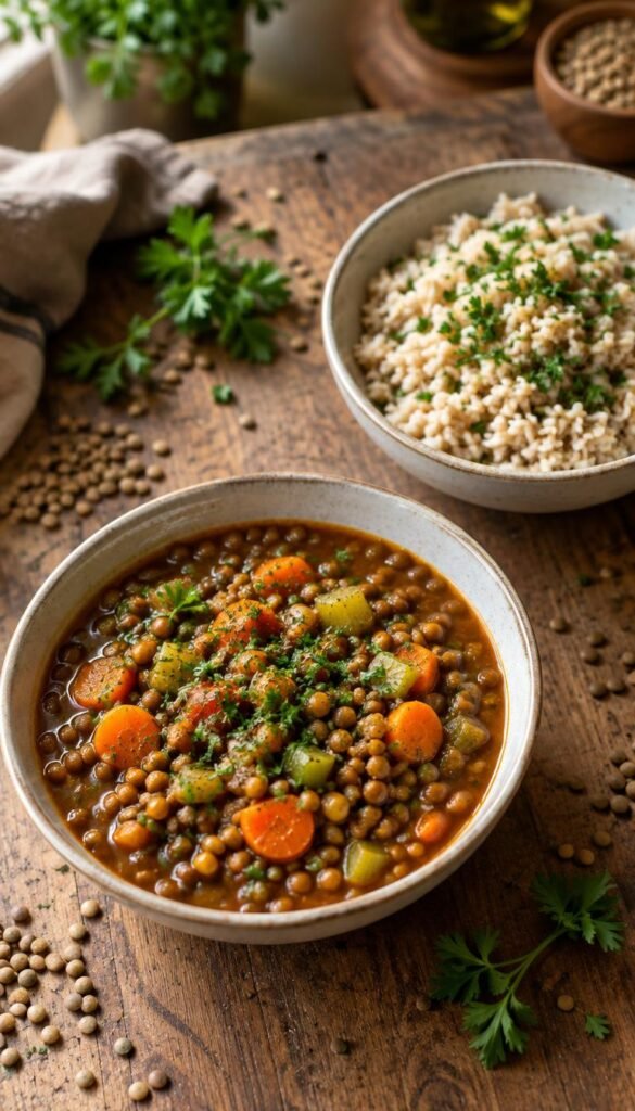 An overhead view of a pair of shallow, elegant food containers, one filled with a rich, aromatic lentil stew featuring vibrant carrots, celery, and aromatic spices, the other containing fluffy cooked brown rice adorned with fresh herbs. The containers are set on a rustic wooden table, surrounded by scattered lentils and a few sprigs of parsley for garnish. Soft, natural lighting from the left casts gentle shadows, creating a warm and inviting atmosphere. The background is blurred to focus on the food, hinting at a cozy kitchen environment with subdued colors. An inviting, healthy vibe permeates the scene, emphasizing the nourishing qualities of an anti-inflammatory diet. The image should be shot from a slightly elevated angle, capturing the texture and colors of the food beautifully without any text or distractions.